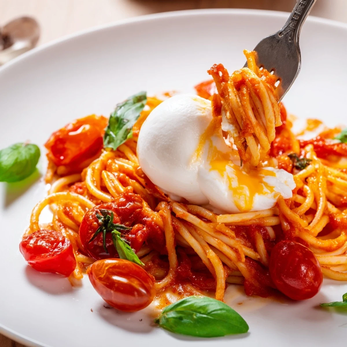 A close-up of Burrata Caprese Pasta featuring al dente spaghetti tossed with glistening cherry tomatoes, fresh basil, and torn creamy burrata cheese.  
