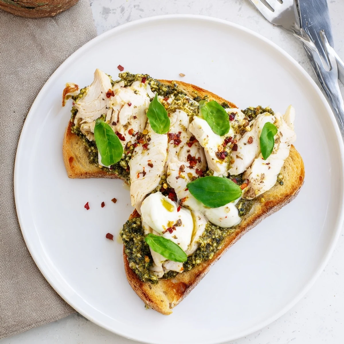 Serving suggestion for Pesto Chicken Burrata Toast with a drizzle of olive oil and red pepper flakes, ideal for a quick appetizer.