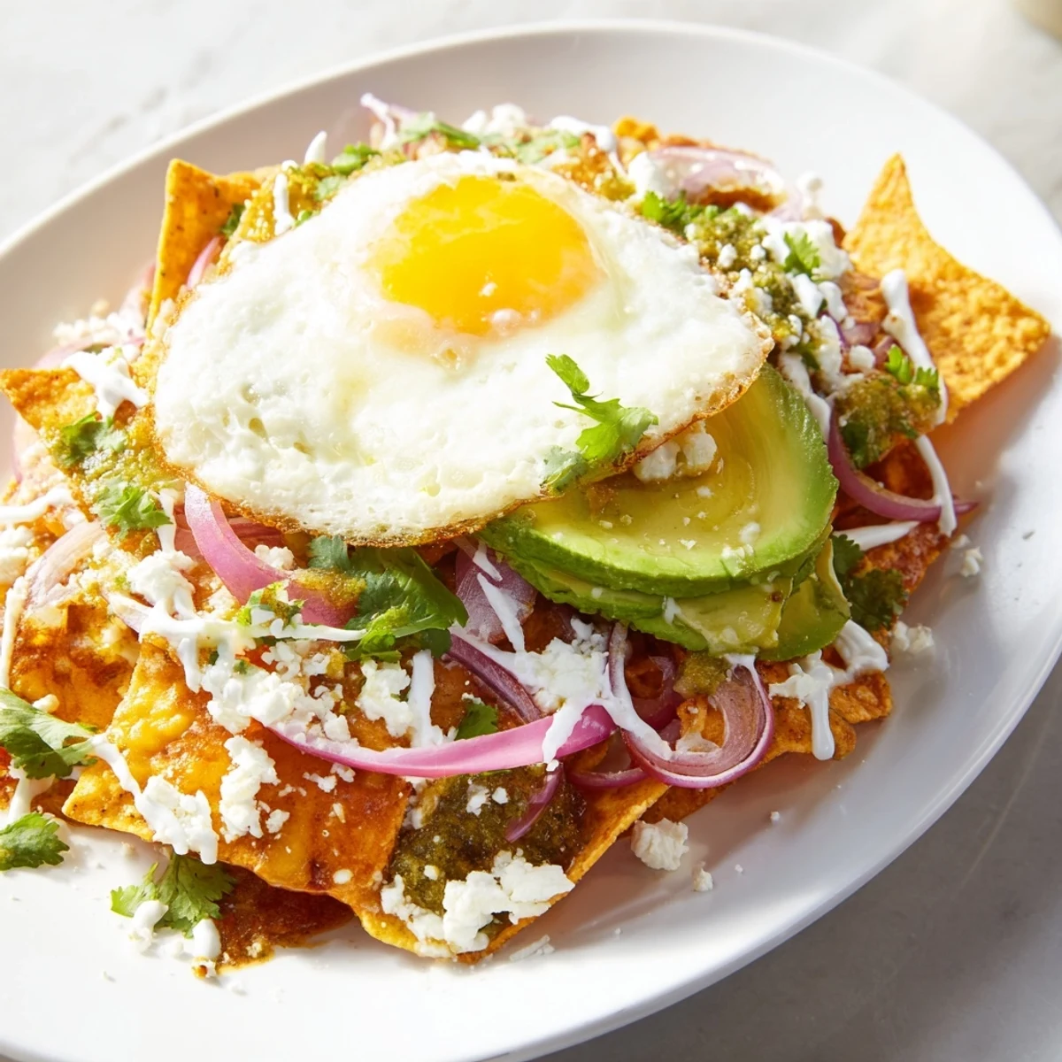 Golden chilaquiles breakfast skillet, saucy tortilla chips with sunny side up egg, avocado slices, and sour cream drizzle, served alongside sliced jalapeños for a spicy kick.  