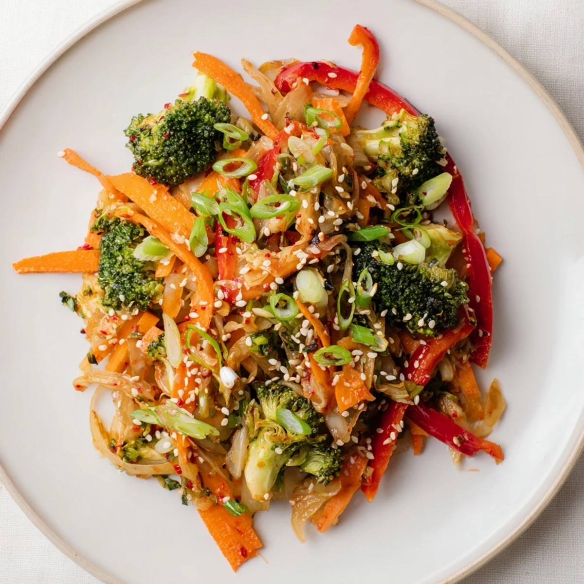 A close-up of the Comforting Fermented Veggie Winter Stir-Fry, featuring crisp-tender broccoli, carrots, and sweet potatoes coated in a glossy sesame-soy glaze.