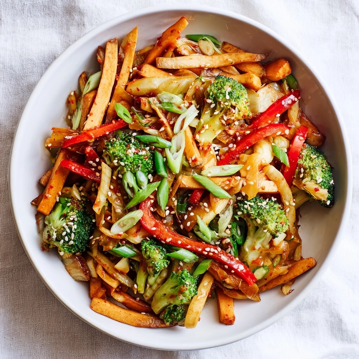 Colorful Comforting Fermented Veggie Winter Stir-Fry served in a rustic bowl, garnished with green onions and sesame seeds for a warm, wholesome meal.