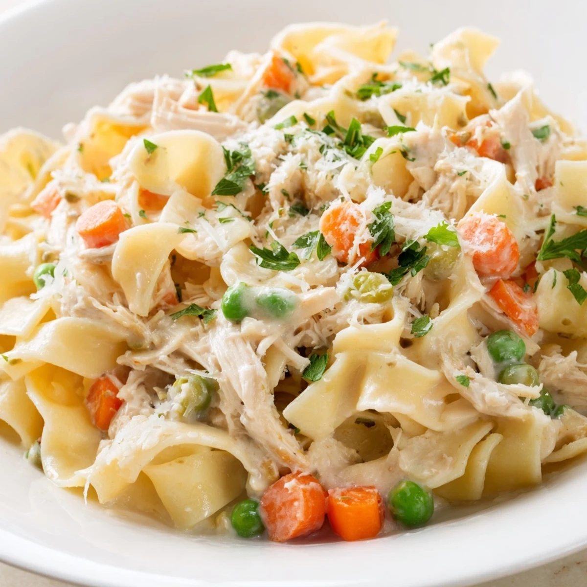 Fork-tender shredded chicken and wide egg noodles swim in a light, creamy sauce with sweet peas and diced carrots, perfect for a fresh spring dinner.
