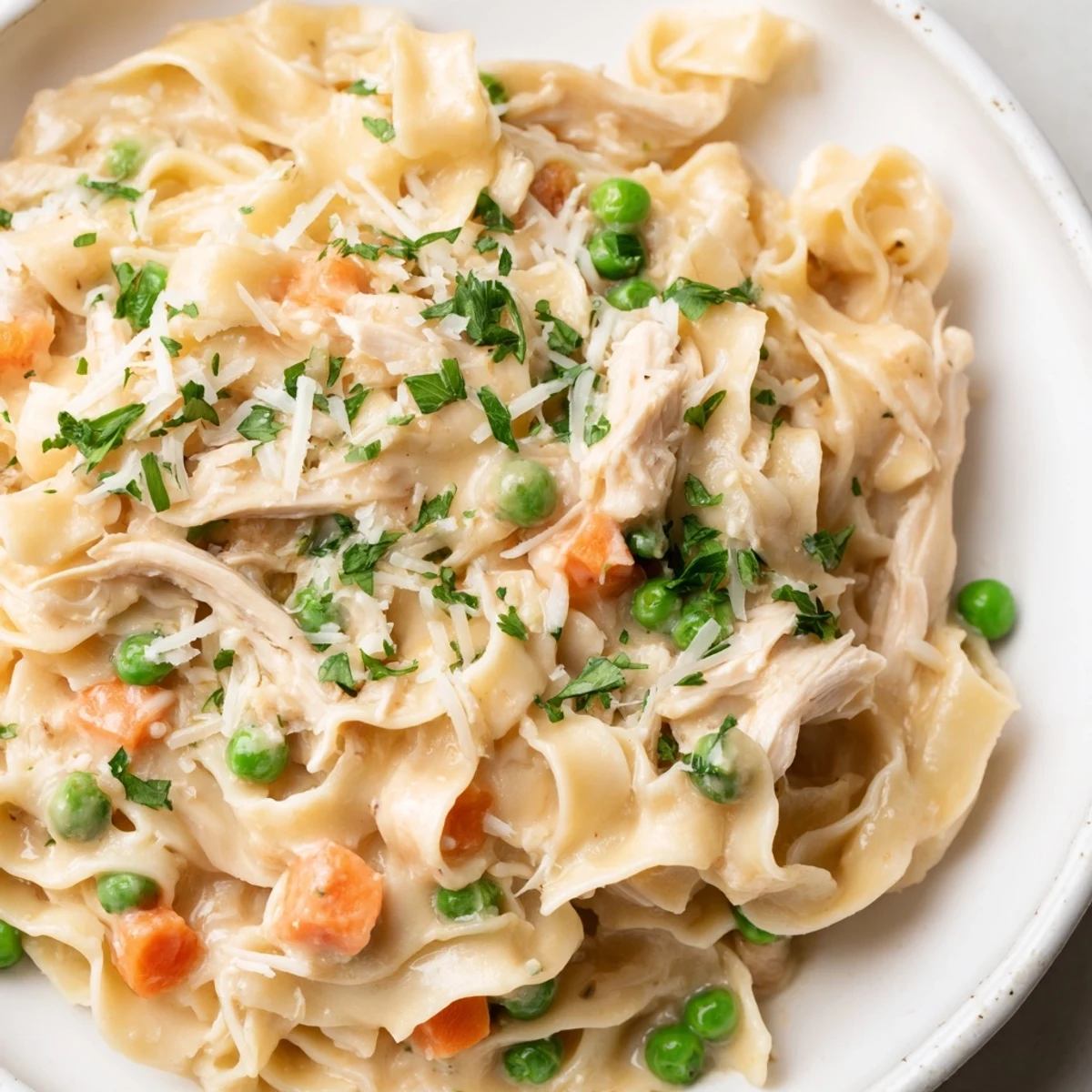 In a rustic skillet, sautéed onions and carrots mingle with peas and Parmesan, creating a comforting, family-friendly Spring Chicken Noodle Skillet ready in 35 minutes.
