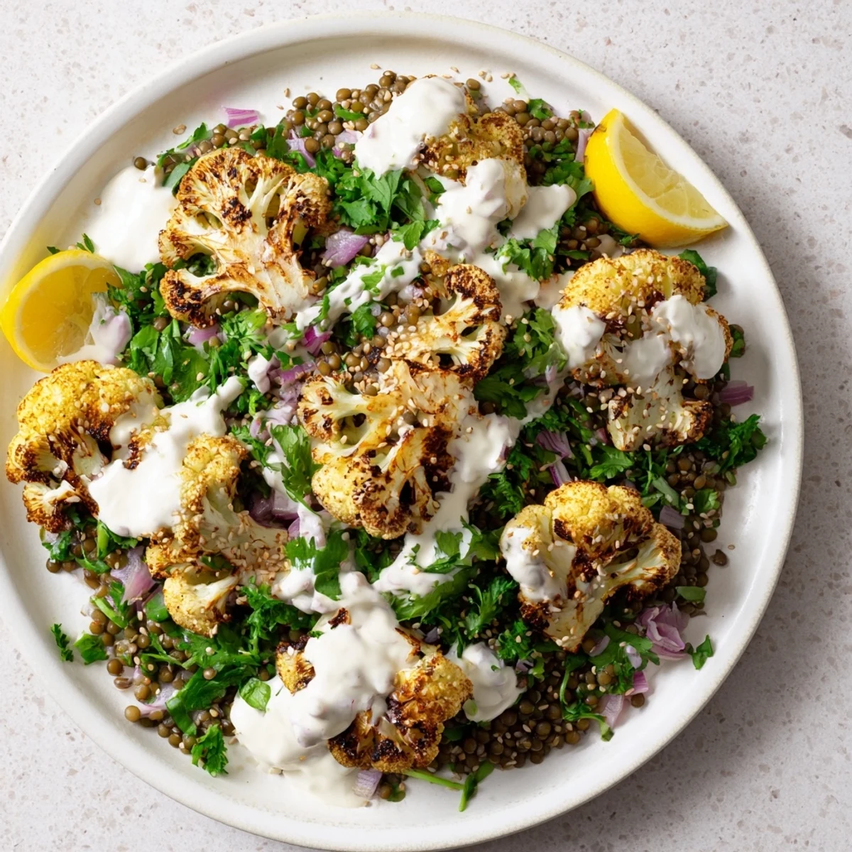 A close-up of the vegetarian dish shows toasted sesame seeds and fresh herbs sprinkled over the main course, with lemon wedges ready for a bright squeeze.