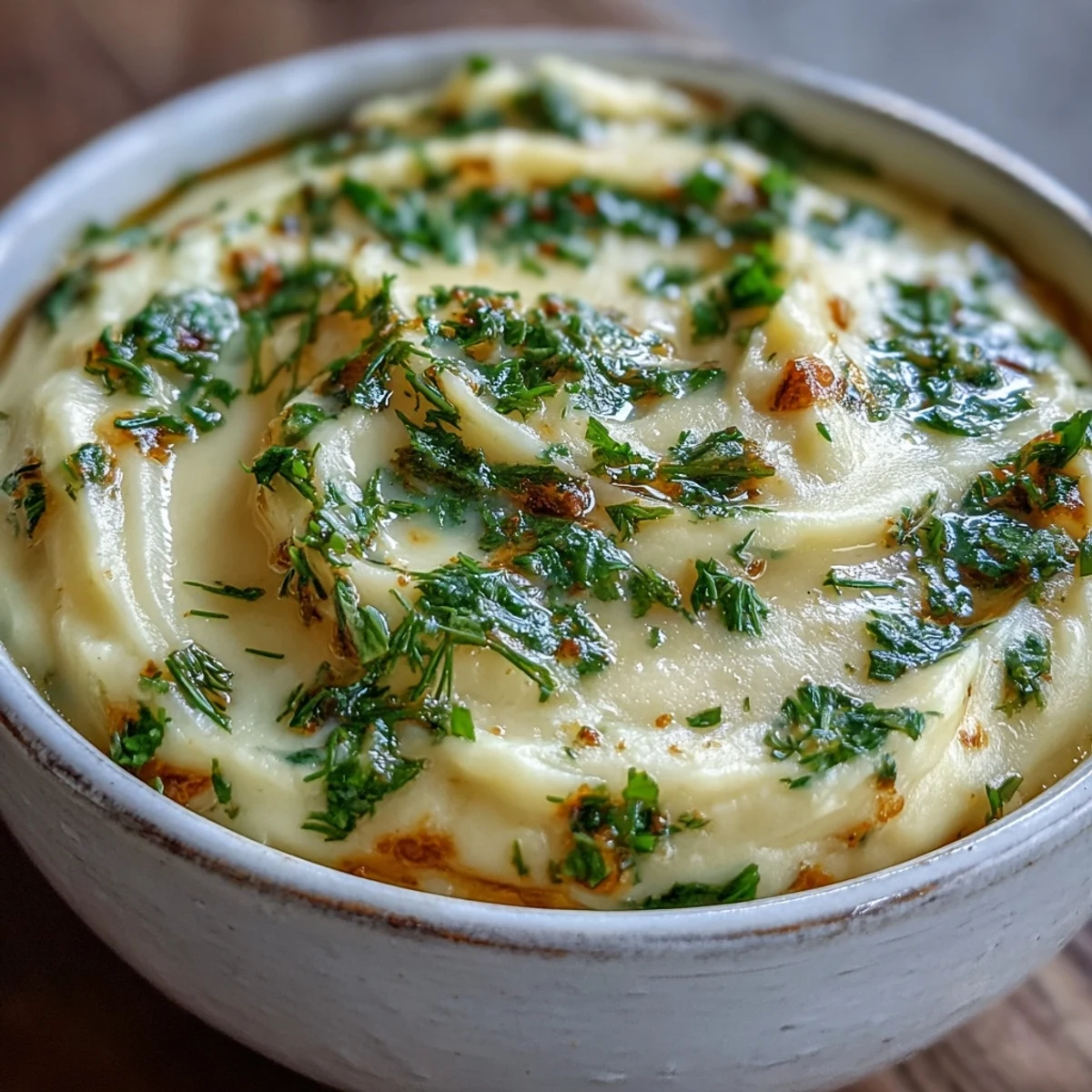 Creamy Parsnip and Herb Soup garnished with fresh parsley and chives in a rustic bowl.