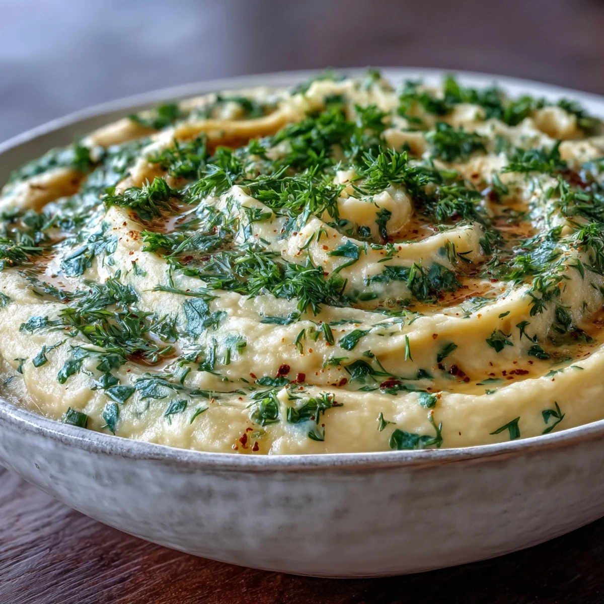 Steaming bowl of Parsnip and Herb Soup drizzled with olive oil and topped with fresh dill.