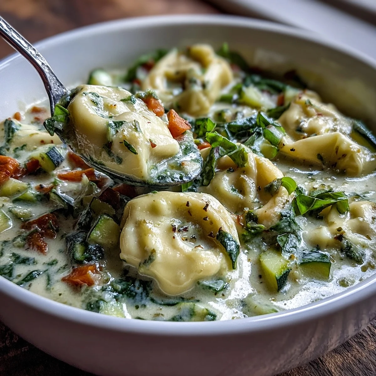 Creamy Vegetable Tortellini Soup served steaming in a rustic bowl, garnished with fresh basil and Parmesan.