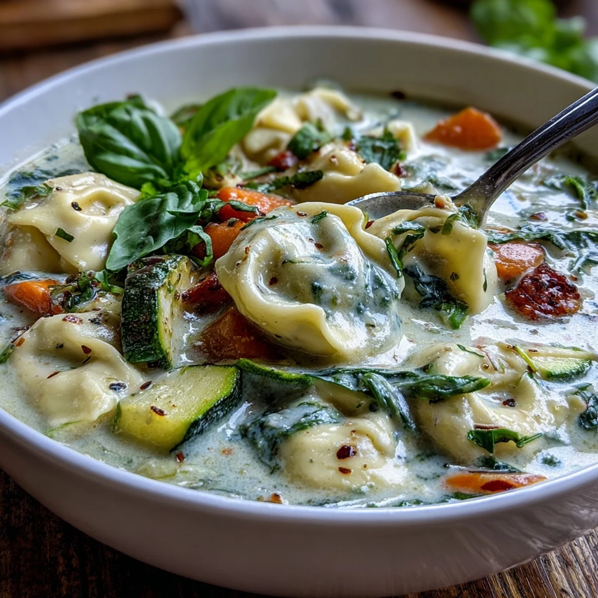 A close-up of Creamy Vegetable Tortellini Soup, showcasing vibrant carrots and spinach in rich broth.