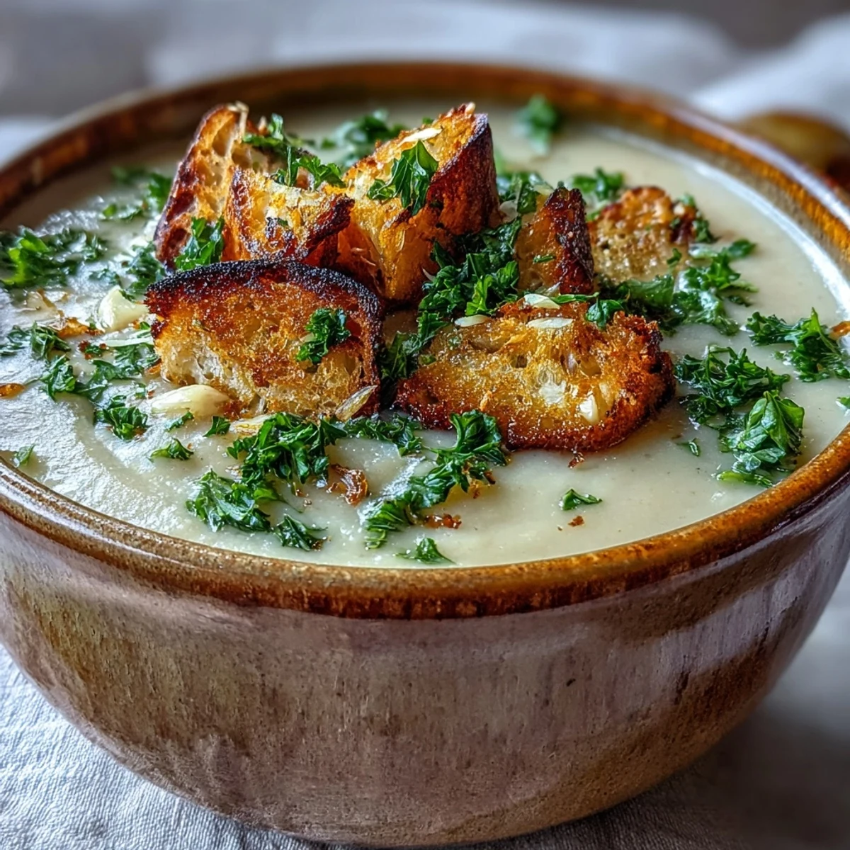 Creamy roasted garlic soup in a rustic bowl, garnished with fresh parsley and croutons for a comforting dinner.