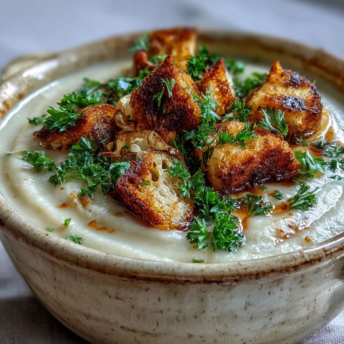 Roasted garlic soup simmering in a pot with steam, blended smooth with thyme, celery, and carrots.