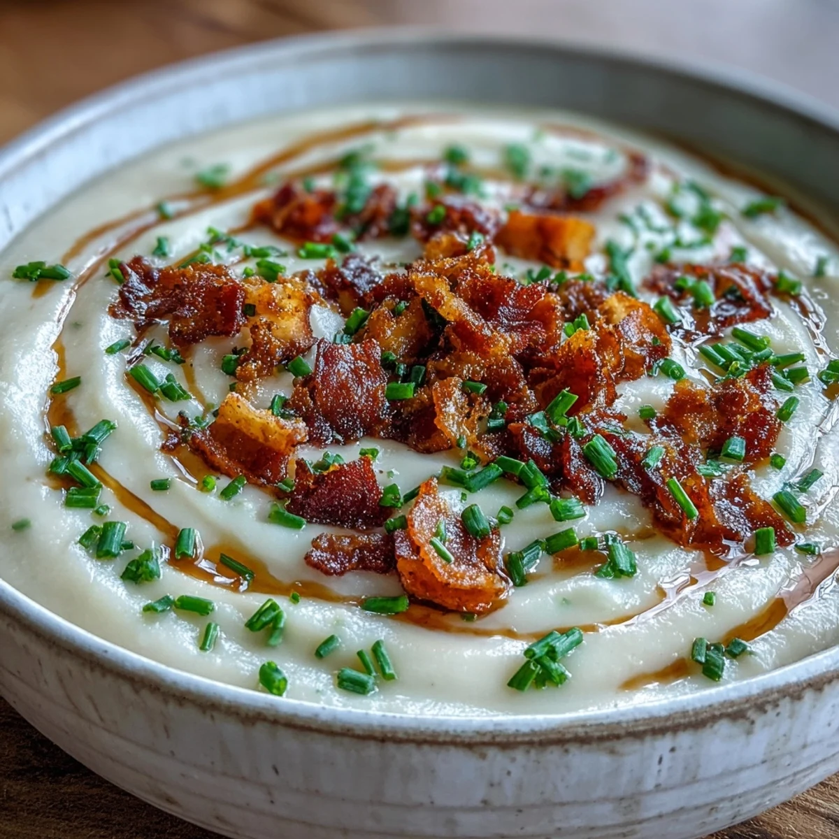 Creamy Celeriac Soup with Crispy Bacon is ladled into a rustic white bowl, topped with crunchy bacon bits and fresh chives.
