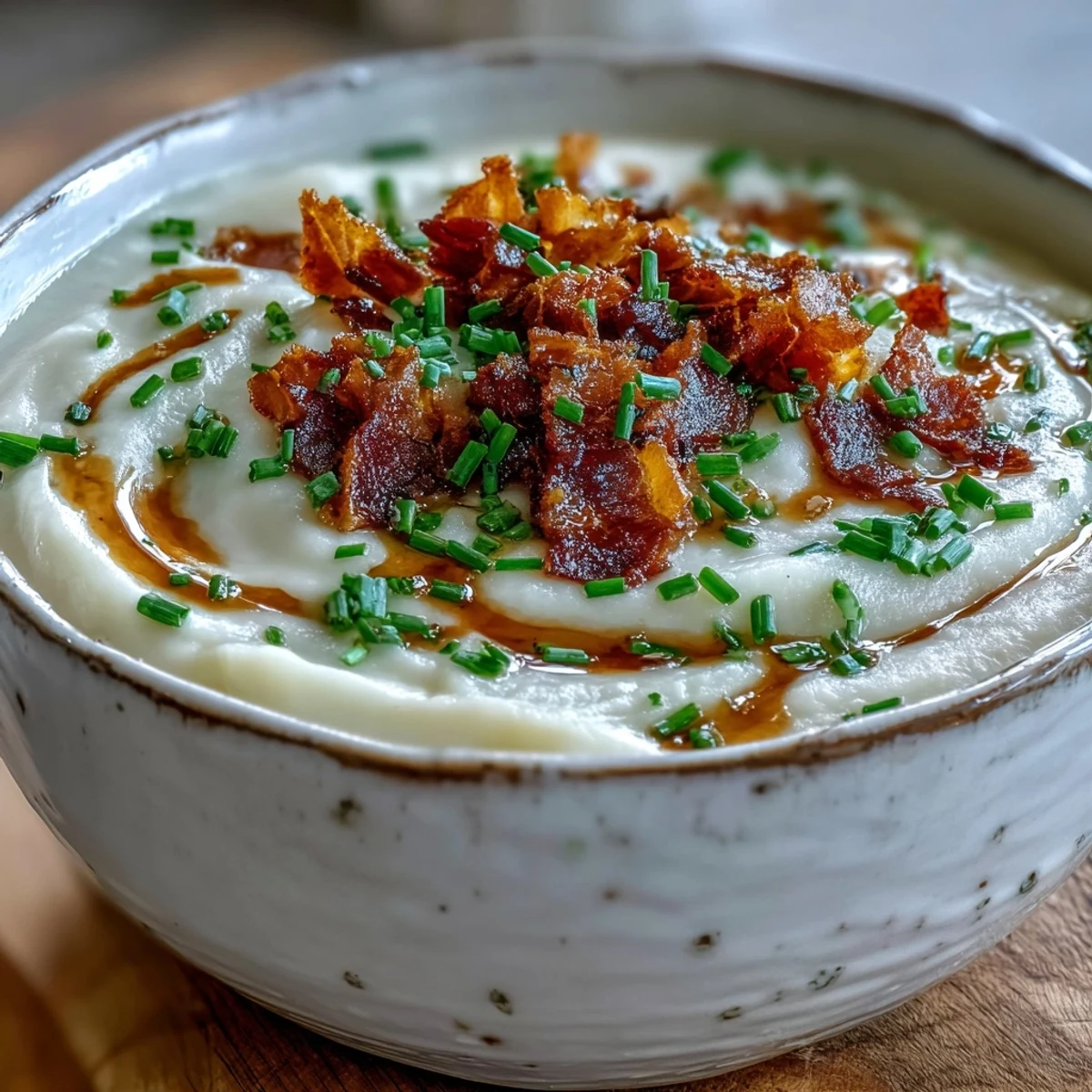 Top-down view of Creamy Celeriac Soup with Crispy Bacon in a ceramic bowl, bacon bits and chives scattered across the surface.