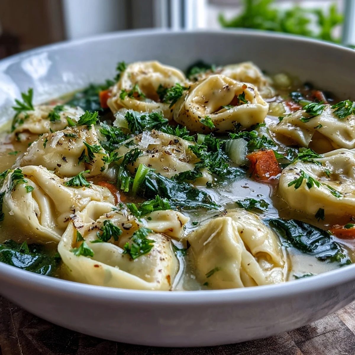 Hearty Easy Tortellini Soup With Chicken Broth simmers with carrots and spinach in a rustic pot.
