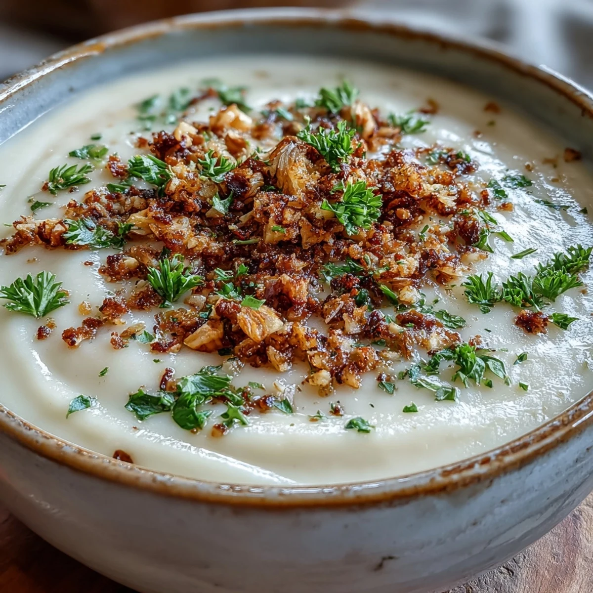 Creamy roasted celeriac soup with hazelnut crumble is served hot in a rustic bowl, garnished with fresh parsley.