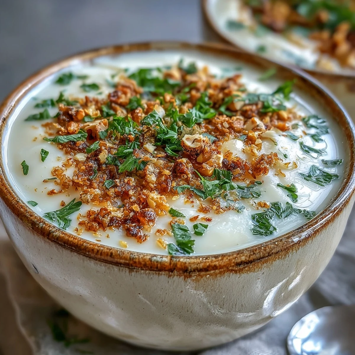 Golden celeriac soup with hazelnut crumble is ready to serve alongside crusty bread and white wine.