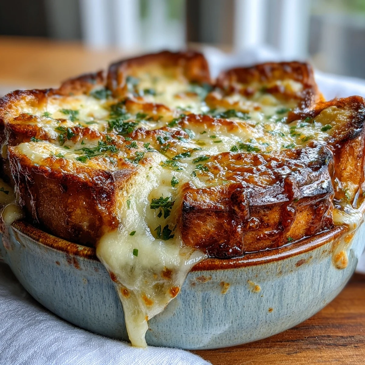 Golden-brown Croque Monsieur Casserole with bubbly Gruyère cheese and layers of ham and béchamel sauce, perfect for a comforting brunch.