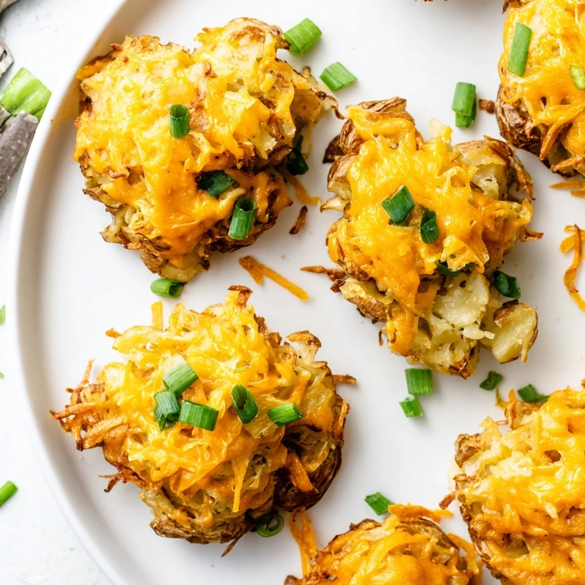 Crispy smashed green onion potato bombs topped with melted cheese and herbs.  
