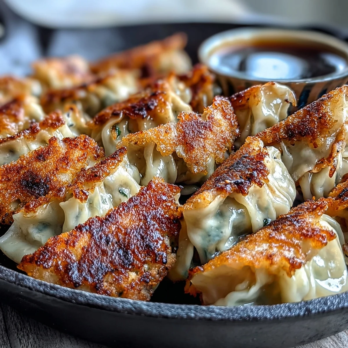 Crispy, golden-bottomed Smash Dumplings sizzling in a pan, showcasing their crunchy, seared exterior.