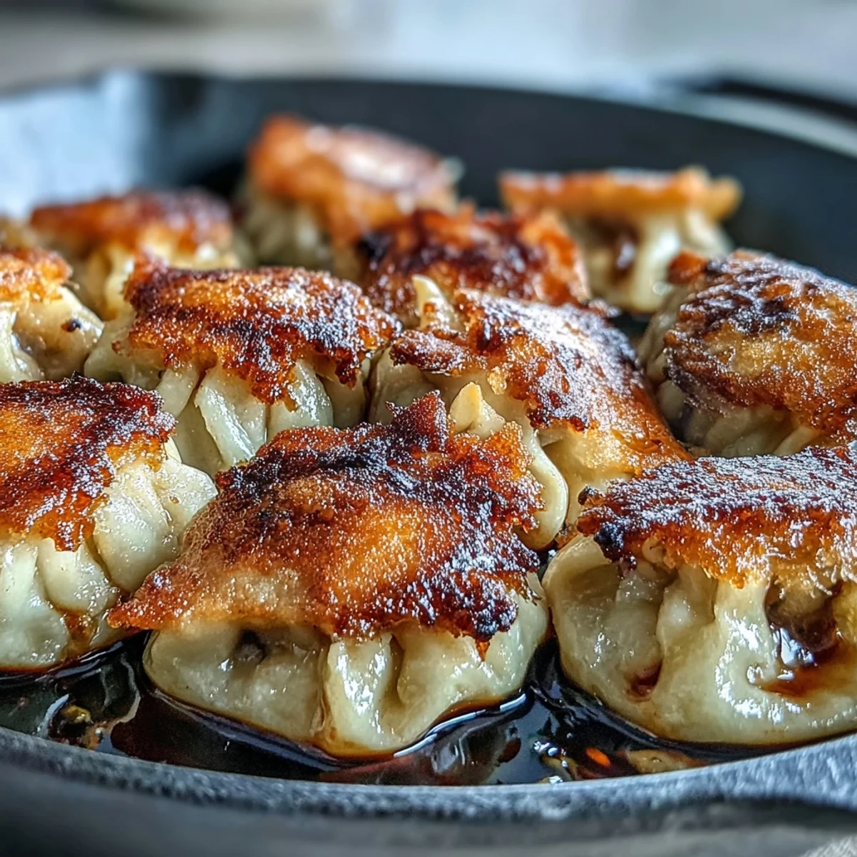 Perfectly pan-fried Smash Dumplings, lightly smashed for extra crispiness, ready to be enjoyed as an appetizer.