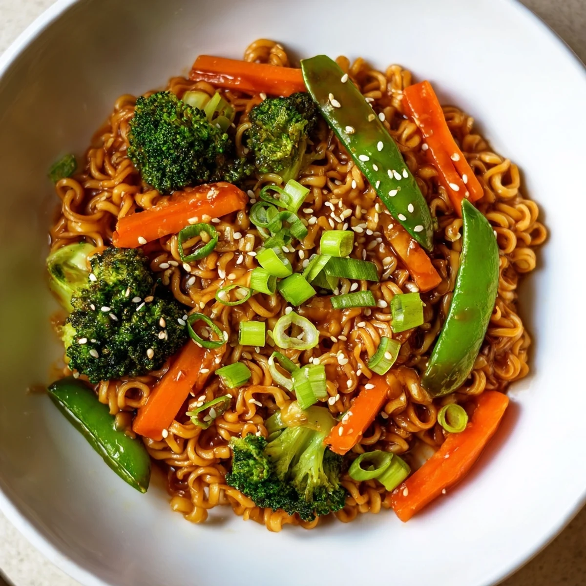 Steaming bowl of Ramen Noodle Stir-Fry Remix, vegetables glistening with savory sauce, ready to eat.