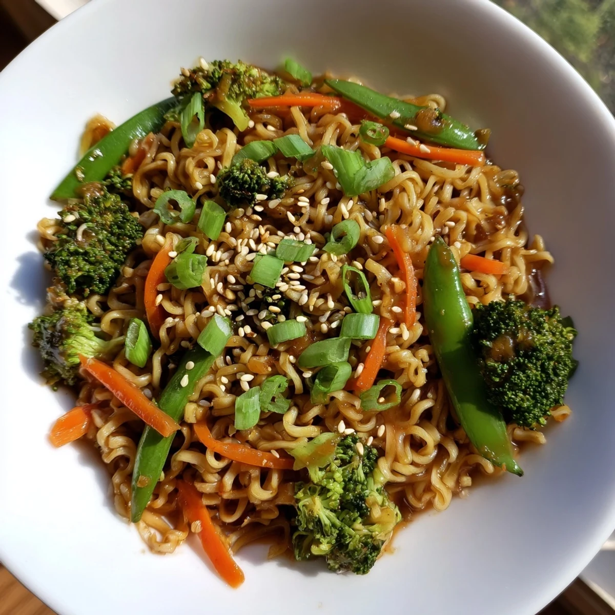 Close-up of vibrant Ramen Noodle Stir-Fry Remix, with crunchy vegetables and sesame seeds.