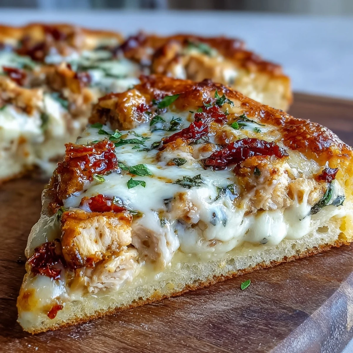 Freshly baked Marry Me Chicken Pizza emerges from the oven with melted mozzarella and sun-dried tomatoes glistening on a golden, crispy crust.