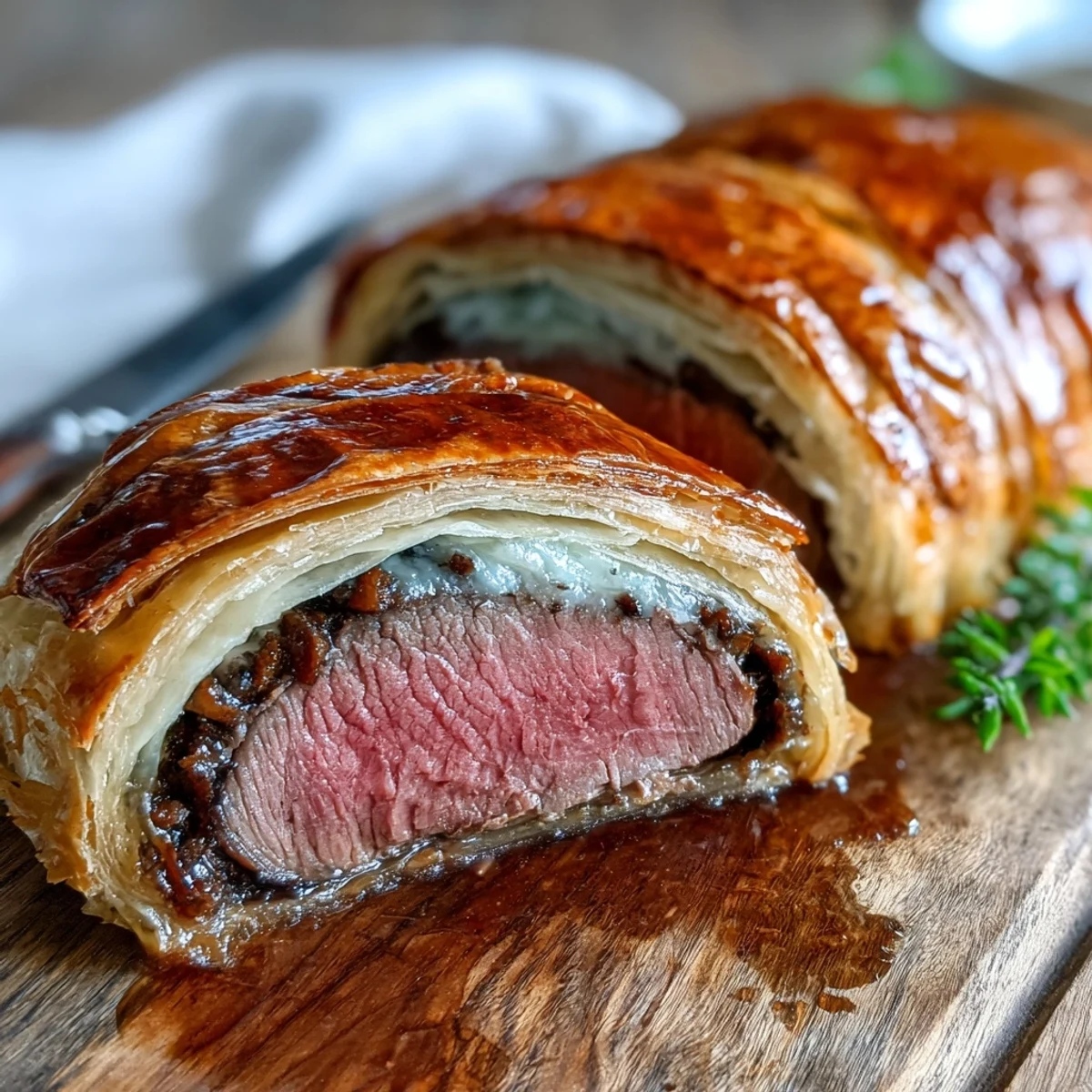 A close-up view of a home-cooked Beef Wellington, showcasing the rich mushroom duxelles and savory prosciutto inside.