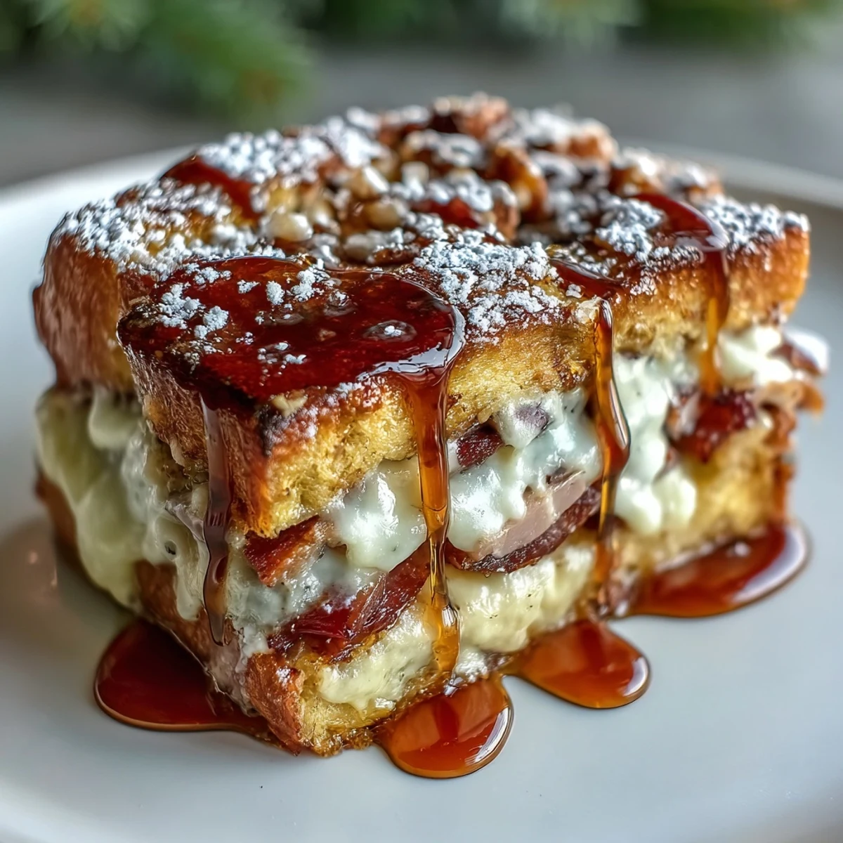 Golden-brown Monte Cristo Breakfast Casserole served warm with powdered sugar and maple syrup on a rustic table.