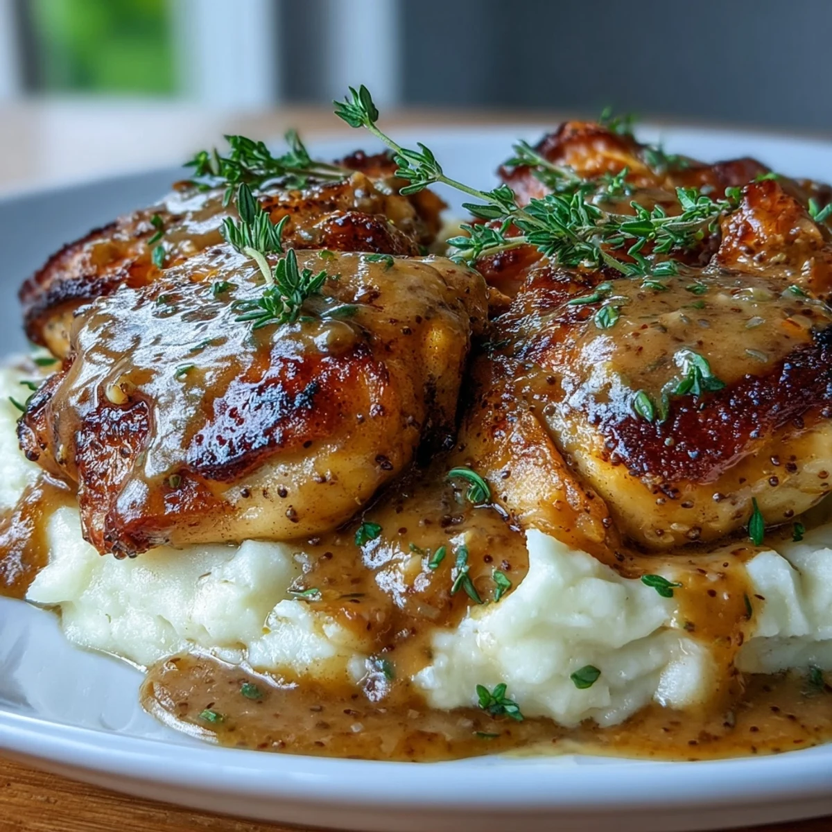 Plated Slow Cooker Honey Mustard Chicken drizzled with extra sauce alongside creamy mashed potatoes and roasted green beans.