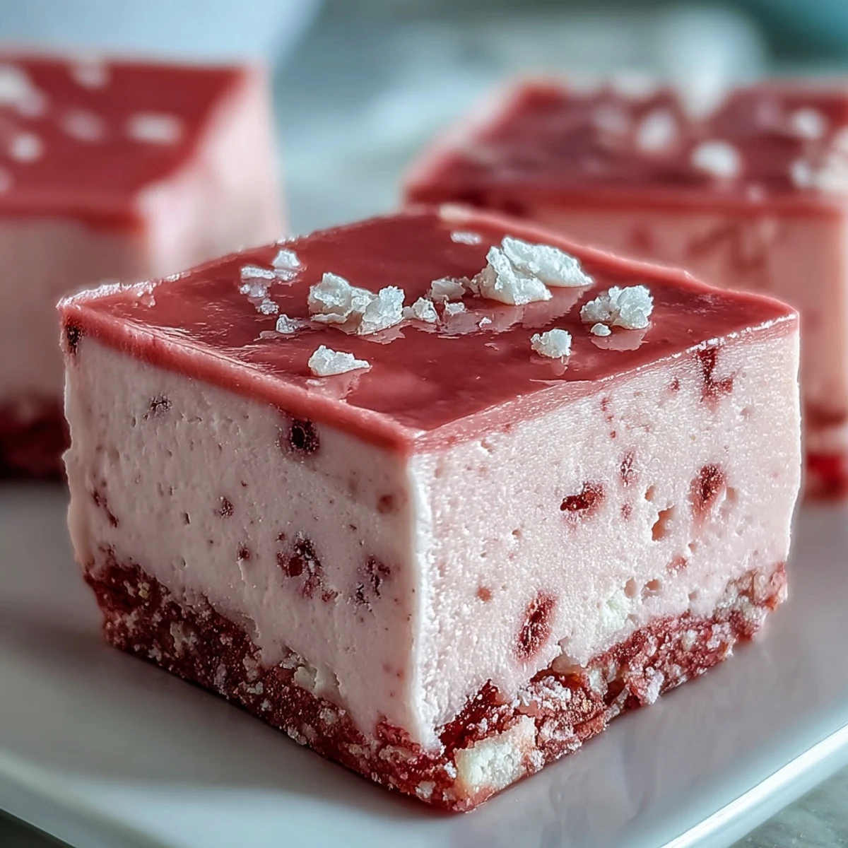 Ready to serve, these No-Bake Strawberry Fudge Squares are dusted with powdered sugar.