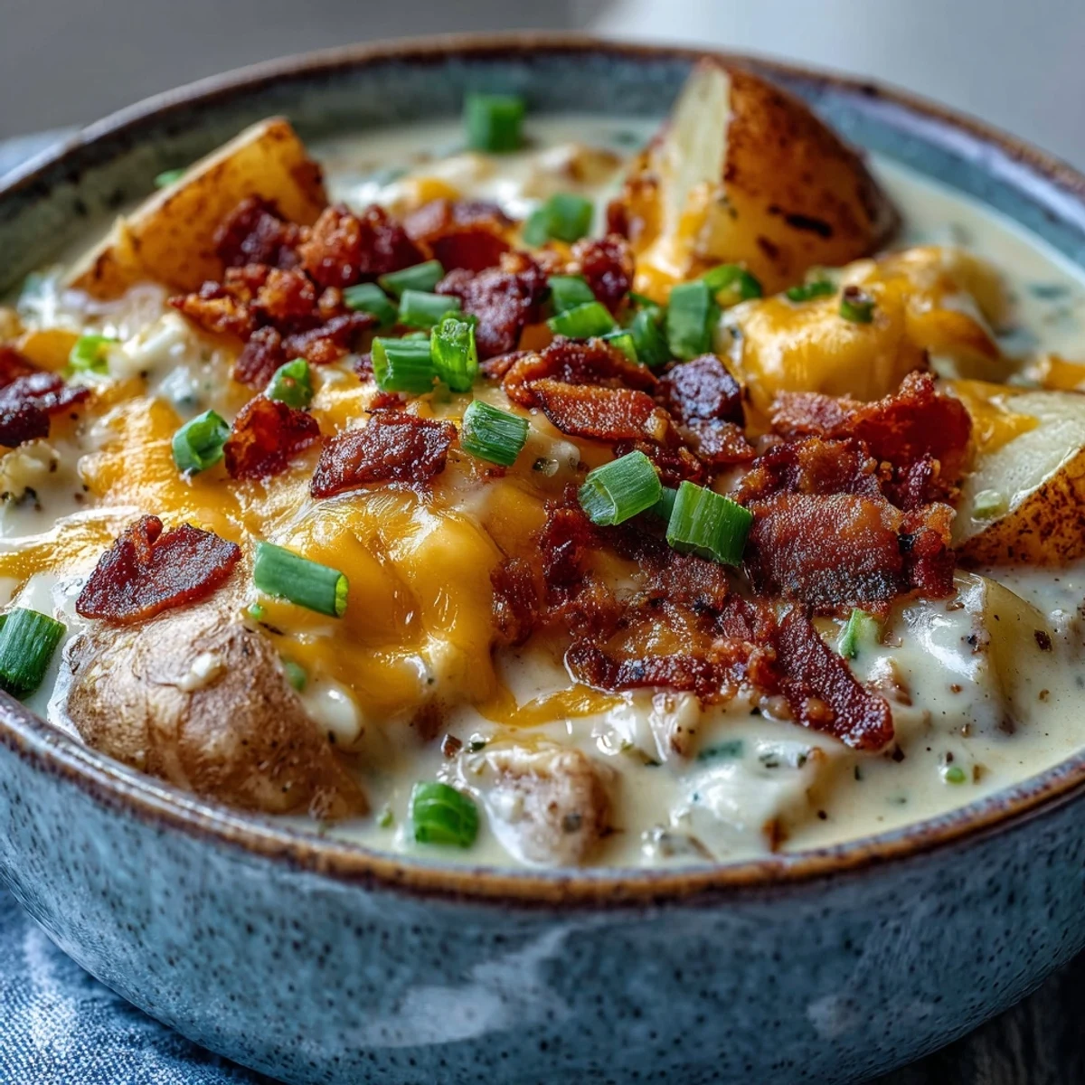 Steaming bowl of Loaded Potato Soup topped with crispy bacon crumbles, melted cheddar, and fresh green onions.