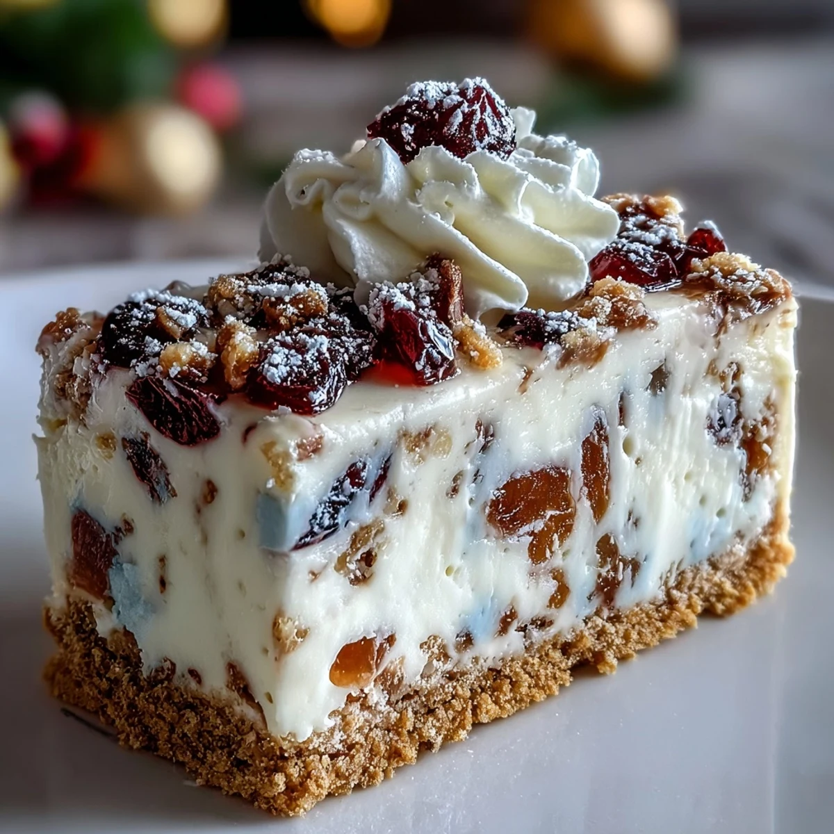 Freshly baked Christmas Cheesecake Slab squares topped with fluffy whipped cream and snowy icing sugar on a rustic wooden board.