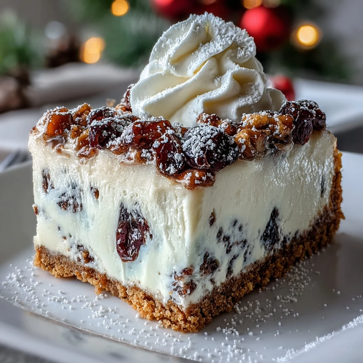 A slice of Christmas Cheesecake Slab reveals creamy spiced filling, tangy dried fruits, and a golden digestive biscuit crust.