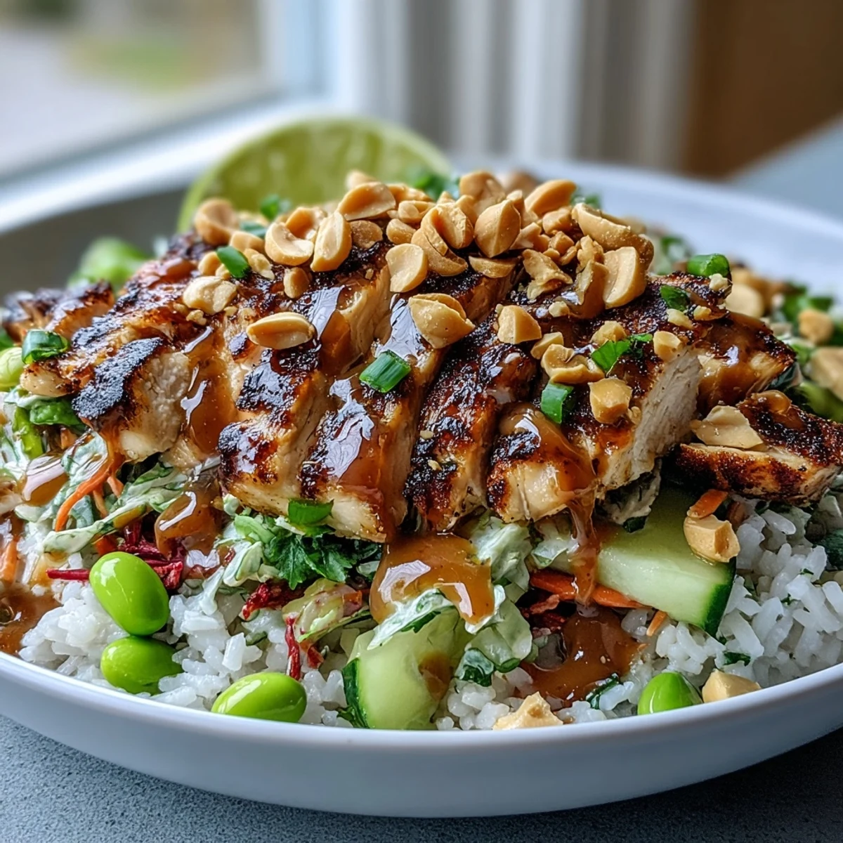 Freshly grilled chicken and crisp veggies sit atop fluffy coconut rice in this vibrant Peanut Bowl, drizzled with creamy peanut sauce.