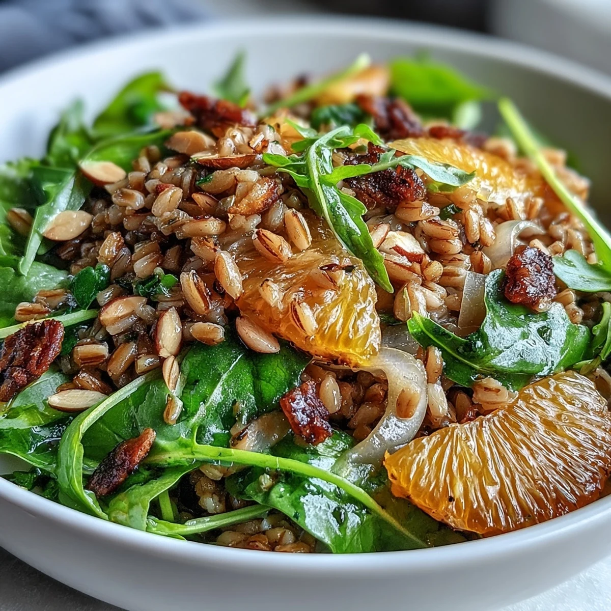 Hearty Farro Salad Bowl with fennel, orange segments, and toasted almonds on mixed greens.