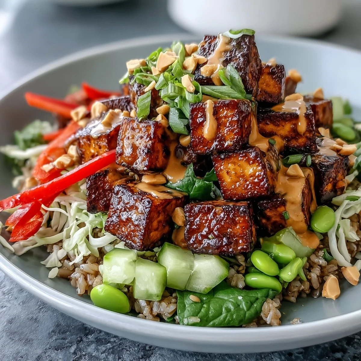 Crispy golden tofu cubes rest on brown rice, drizzled with creamy peanut sauce and topped with vibrant veggies.