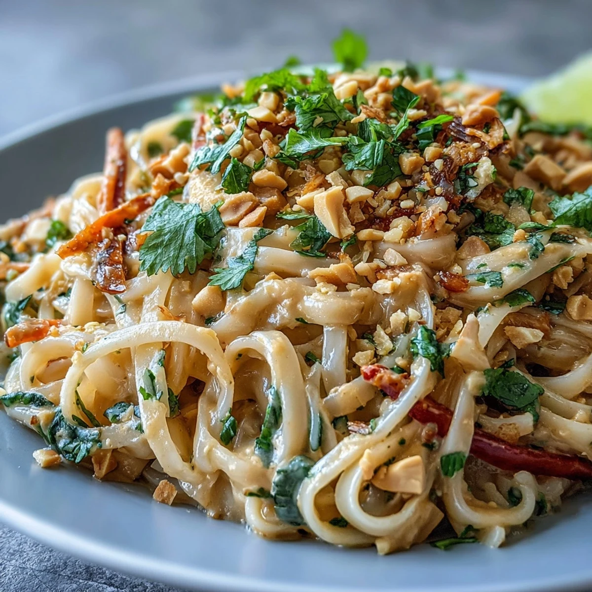 Brightly colored Asian Peanut Noodle Bowl with crisp vegetables, peanuts, and lime wedges on a plate.
