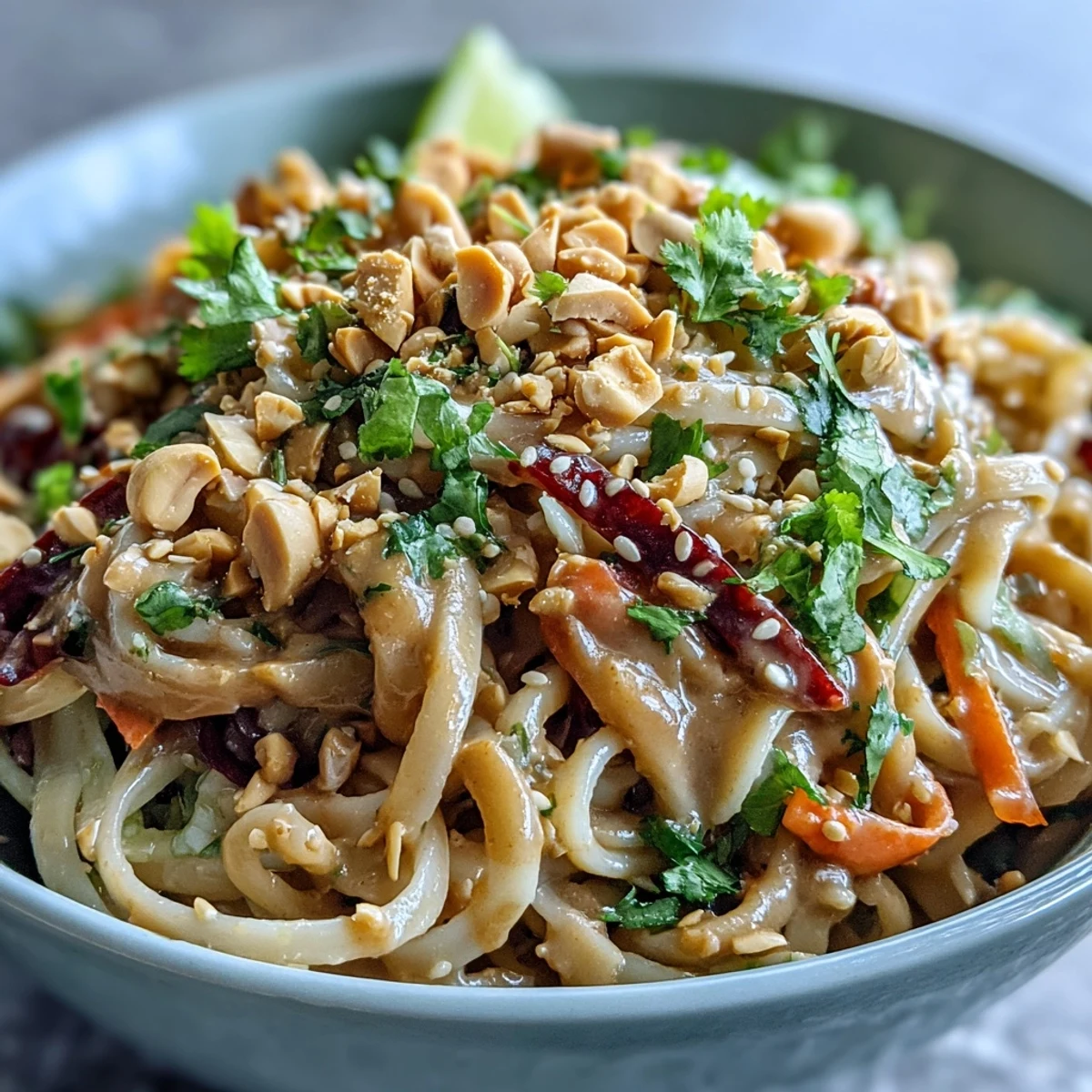 Freshly tossed Asian Peanut Noodle Bowl featuring shredded carrots, cabbage, and creamy peanut dressing.