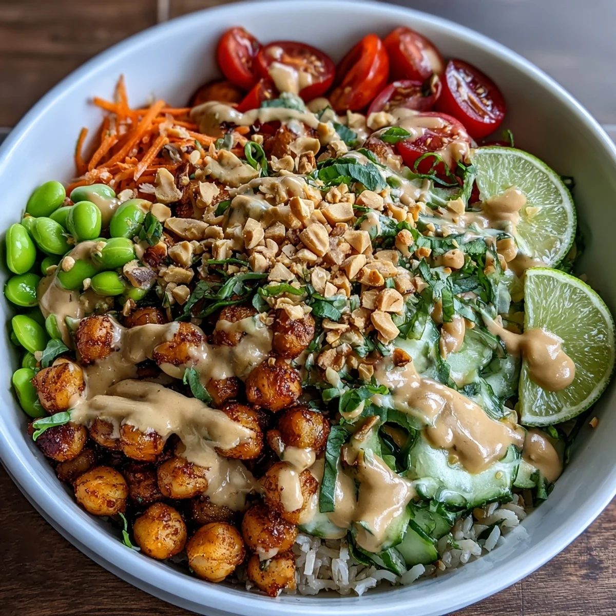 Crispy roasted chickpeas and crisp veggies piled high in a Peanut Chickpea Protein Bowl with creamy peanut sauce.