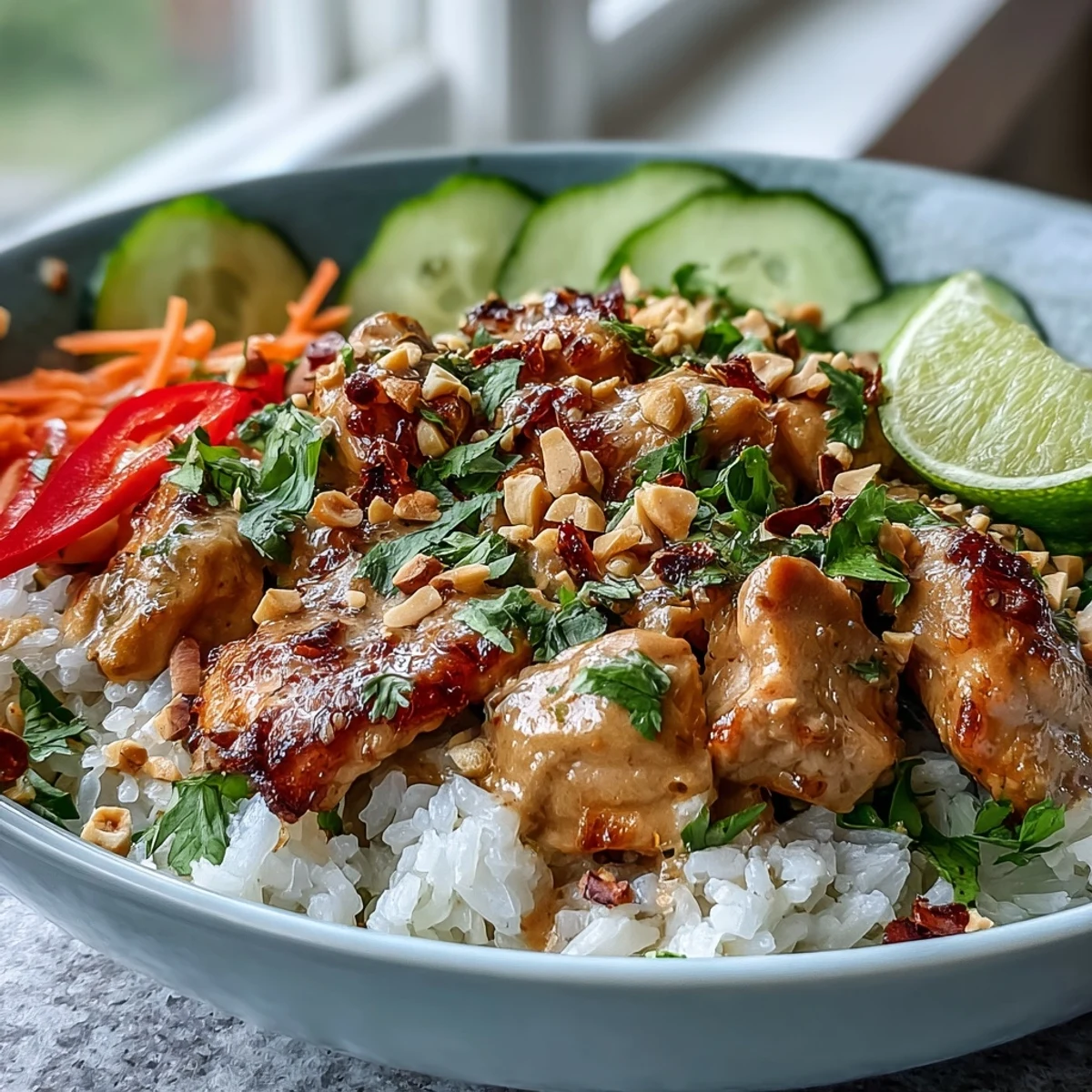 A close-up of a Thai Peanut Chicken Bowl reveals colorful carrots, cucumbers, and bell peppers next to saucy chicken.