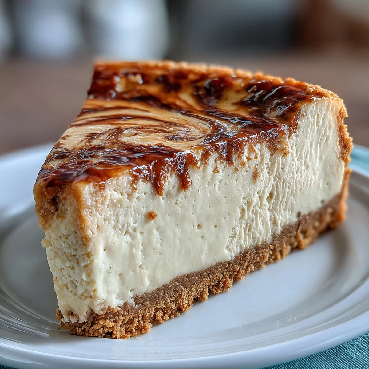 A close-up of a Hojicha Cheesecake slice with a buttery graham cracker crust and creamy, roasted tea swirls.