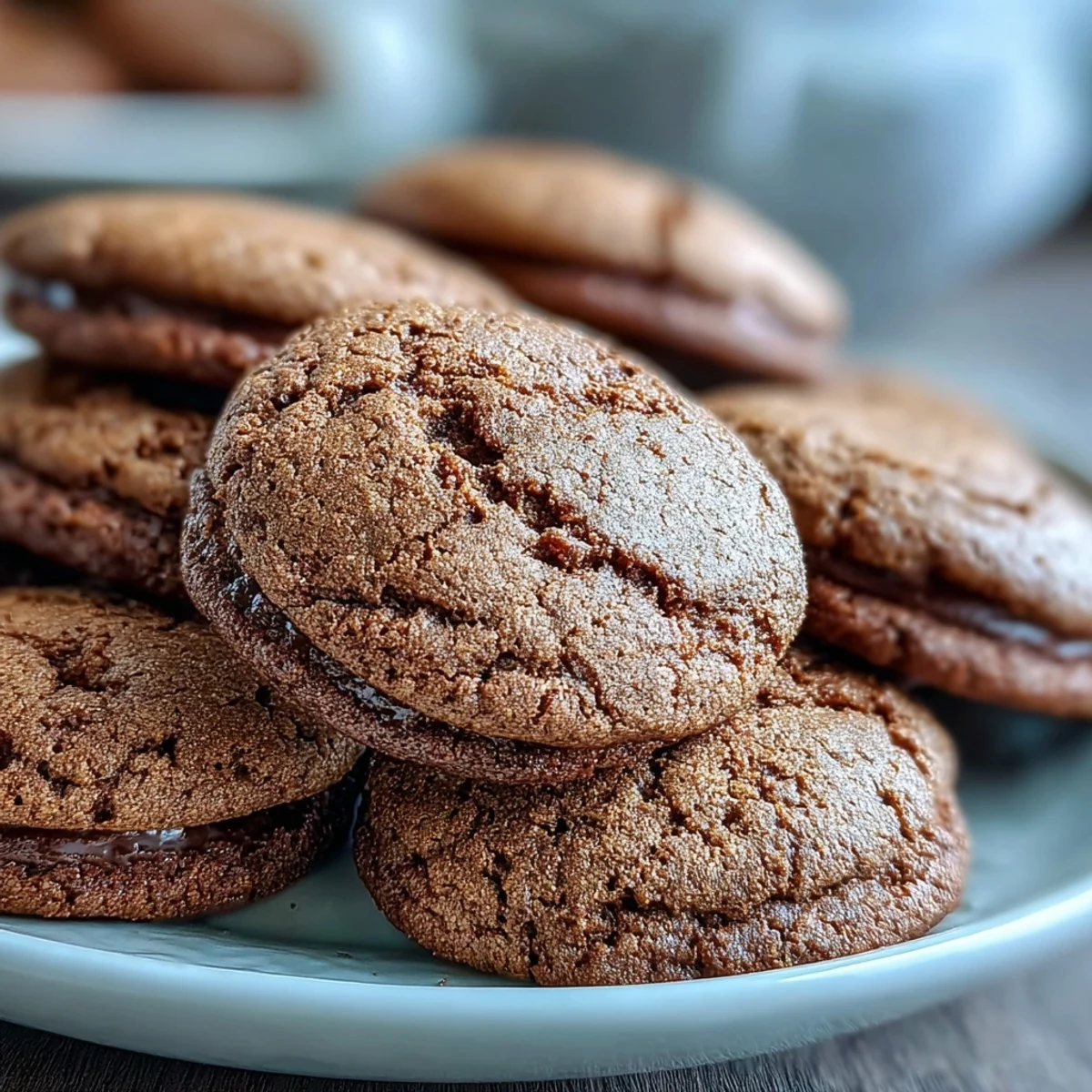 Seven golden-brown Hojicha Cookies are stacked on a white plate next to a glass of milk.