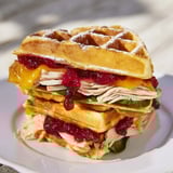 An appetizing close-up of a delightful Easy Holiday Waffle Sandwich, ready to be sliced and enjoyed.