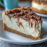 A whole Hojicha Cheesecake in a springform pan, topped with whipped cream and a dusting of matcha powder.