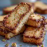 Golden-edged Hojicha Shortbread cookies dusted with matcha sugar, stacked on a ceramic plate next to a teacup.