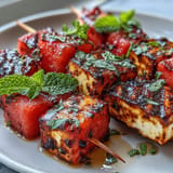 Flavorful halloumi watermelon skewers with bright, fresh mint, ideal appetizer.