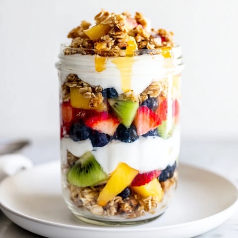 Vibrant Yogurt Parfait: layers of creamy yogurt, colorful fruit, and crunchy granola perfect for breakfast.