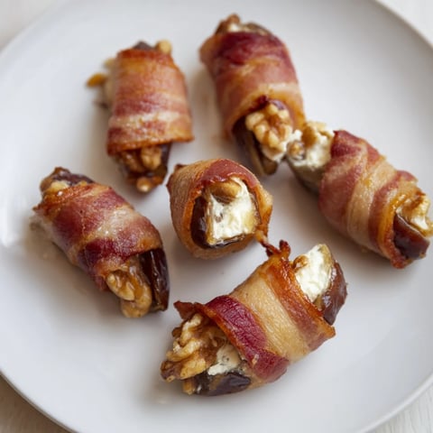 Crispy bacon wrapped dates stuffed with creamy cheese and nuts, a delightful appetizer.