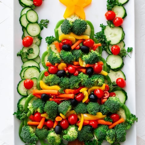 Festive Healthy Christmas Veggie Platter Tree, overflowing with colorful fresh vegetables ready to enjoy immediately.