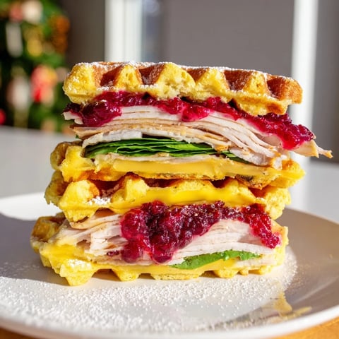 Golden, toasted Easy Holiday Waffle Sandwich with melted cheese, savory turkey, and cranberry sauce layers.